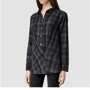 All Saints Kayla plaid blouse w/front snaps. Assymetric Pocket in front @ bottom
